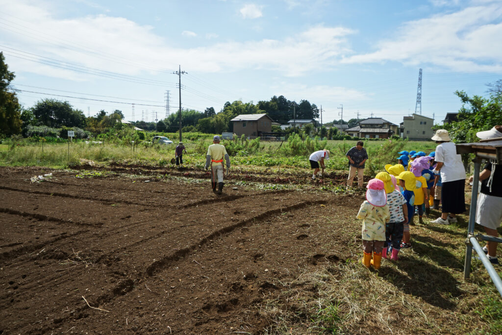 子ども農園で芋ほりをしようと並ぶ園児と先生